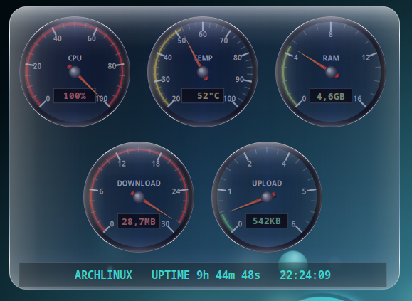 Conky Dashboard: five analog gauges (CPU, TEMP, RAM, DOWNLOAD, UPLOAD) on a dark liquid-glass panel