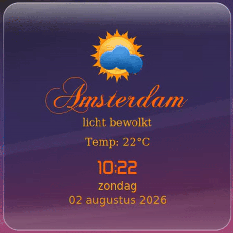Animated preview of the conky-weather-glass widget, showing a rounded glass panel with a cloud icon, the city name Amsterdam, cycling weather stats, a digital clock, day and date.