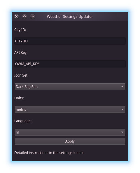 WeatherSettingsUpdater window: fields for City ID, API Key, Icon Set, Units and Language, with an Apply button